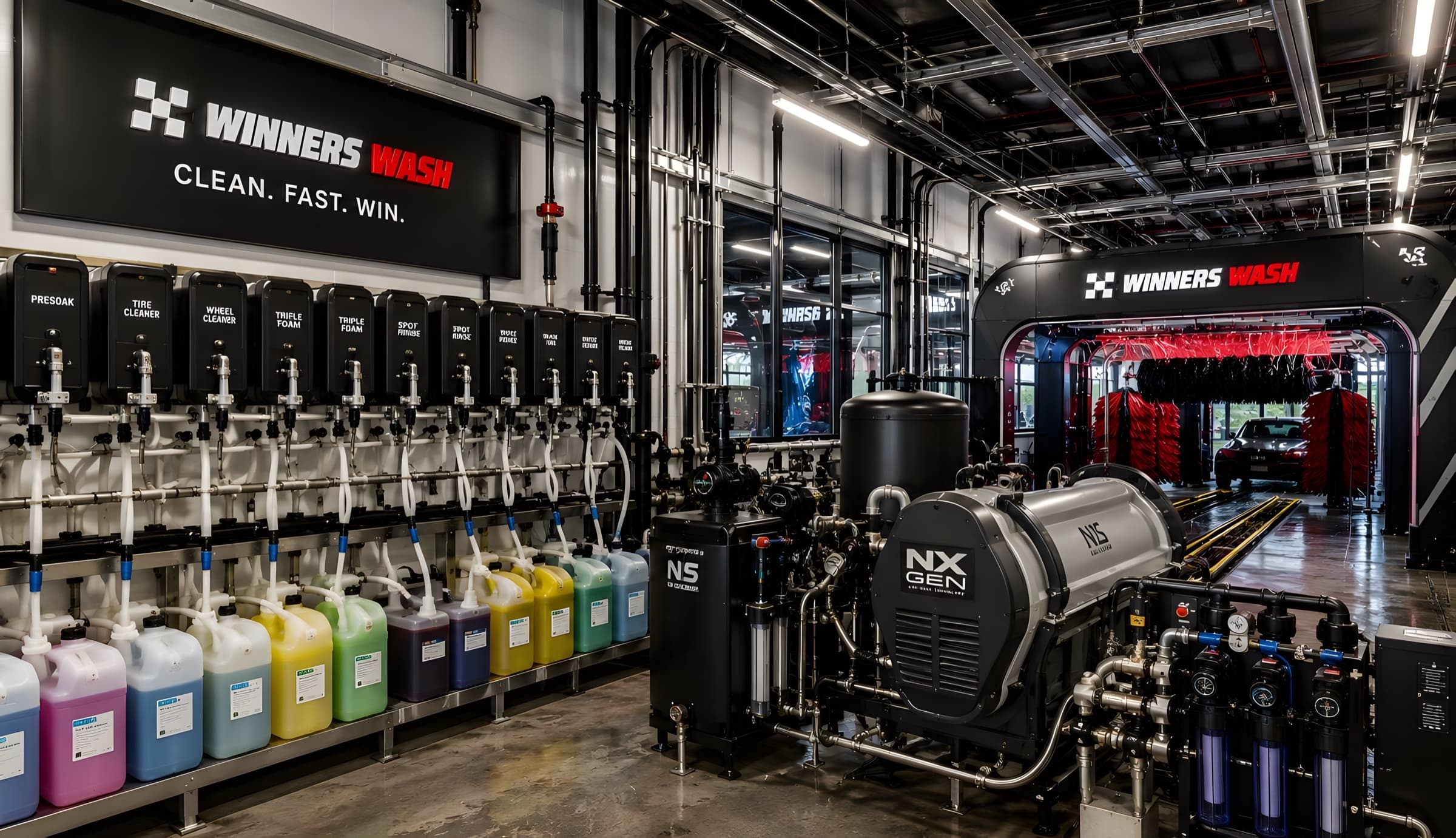 The Winners Wash equipment room with labeled chemical stations and a reverse-osmosis water system