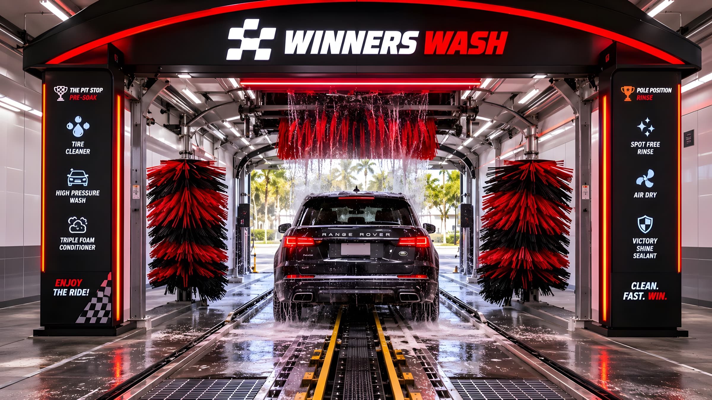 Inside the Winners Wash tunnel: red and black soft-cloth wraps and overhead rinse arches around an SUV